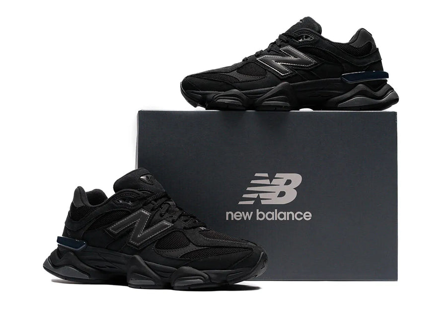 New Balance 9060 ‘Black Cat’ sneaker featuring layered suede and mesh upper with chunky sole.