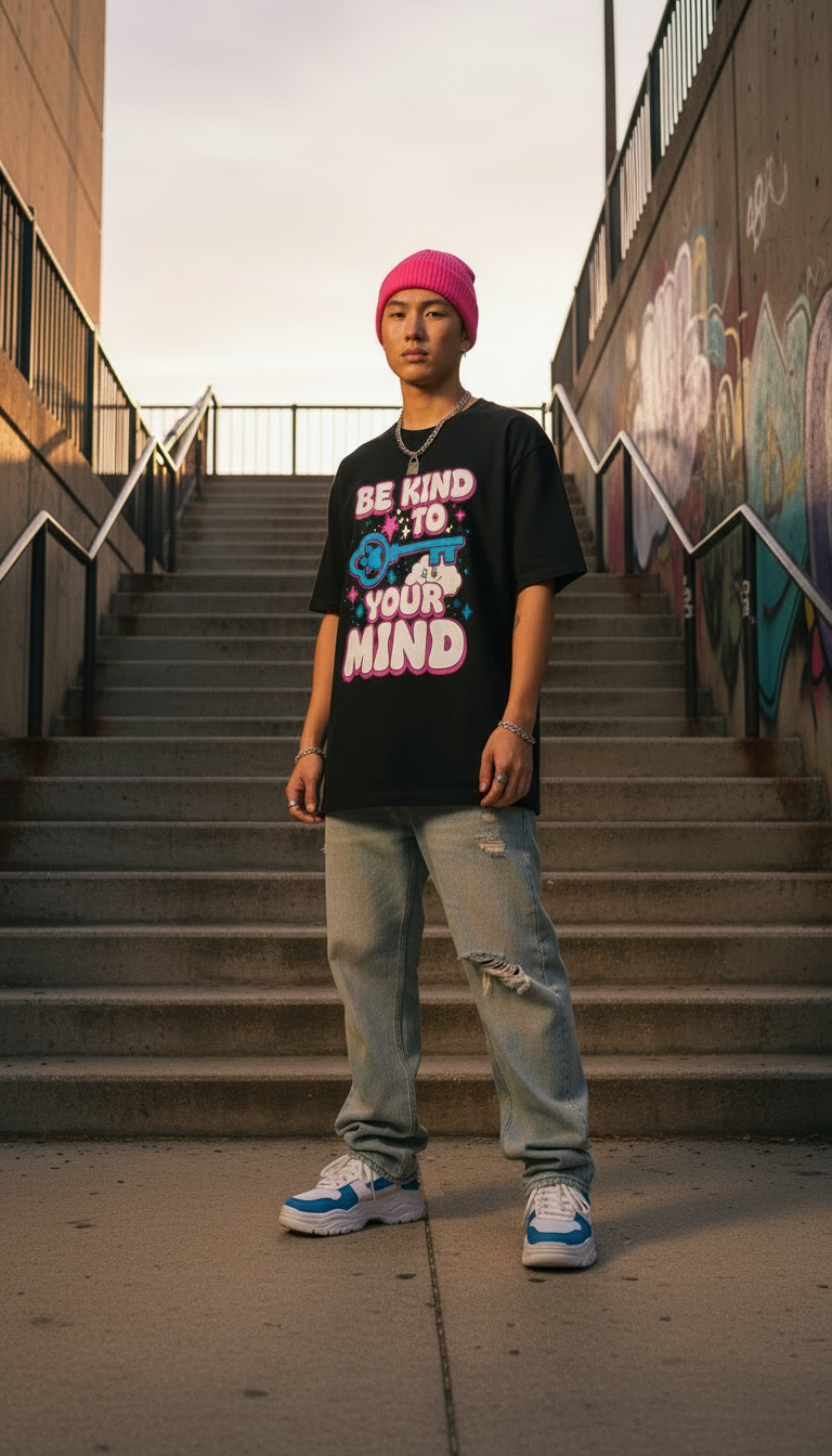 Male model wearing a black oversized Be Kind To Your Mind graphic t-shirt by riskiskey featuring a blue paw key and cloud character design, styled with a pink beanie, silver chain, distressed jeans, and white sneakers on an urban stairway at golden hour