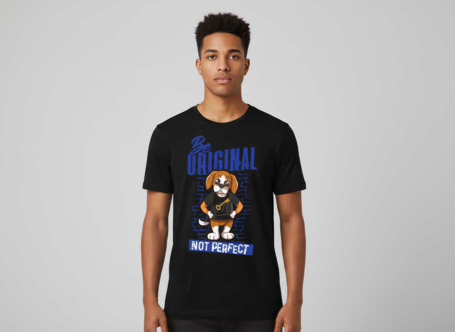 Unisex streetwear graphic t-shirt featuring Rik the Beagle mascot and "Be Original, Not Perfect" slogan.