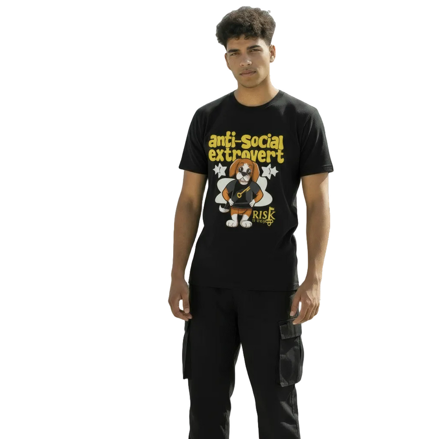 Black t-shirt on model with Anti-social Extrovert and Rik the Beagle
