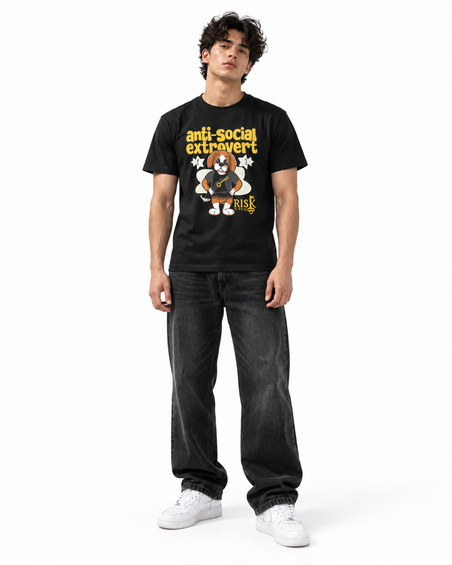 Black t-shirt on model with Anti-social Extrovert and Rik the Beagle