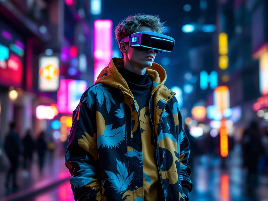 man in AI-designed streetwear with AR/VR glasses
