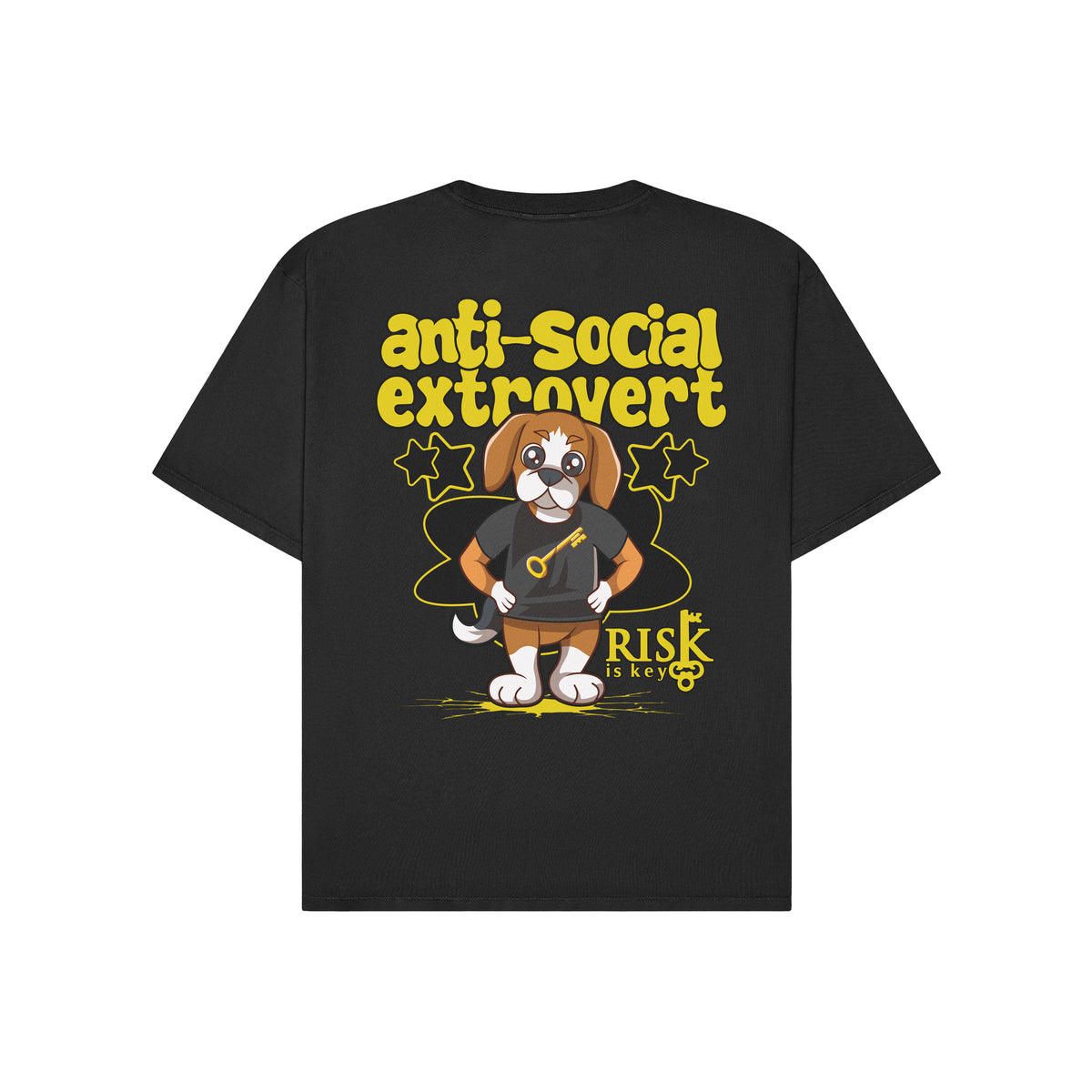 Black t-shirt with a graphic design of a dog and slogan Antisocial Extrovert  on a white background.