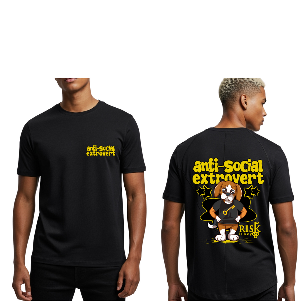 Black t-shirt on model with Anti-social Extrovert and Rik the Beagle