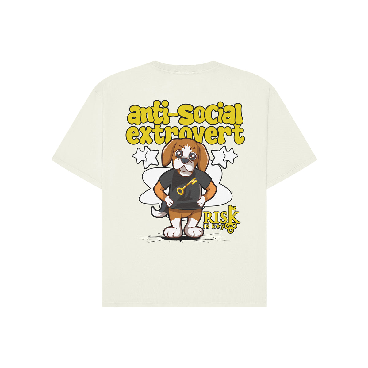 White t-shirt with a graphic design of a dog and slogan Antisocial Extrovert  on a white background.