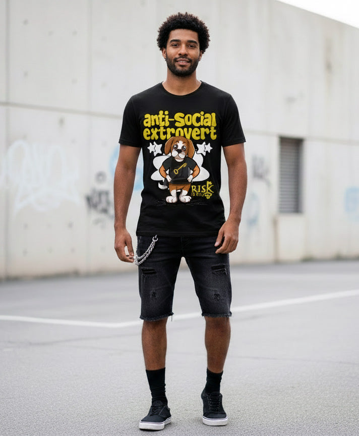 White t-shirt with yellow text 'anti-social extrovert' front pocket on a white background