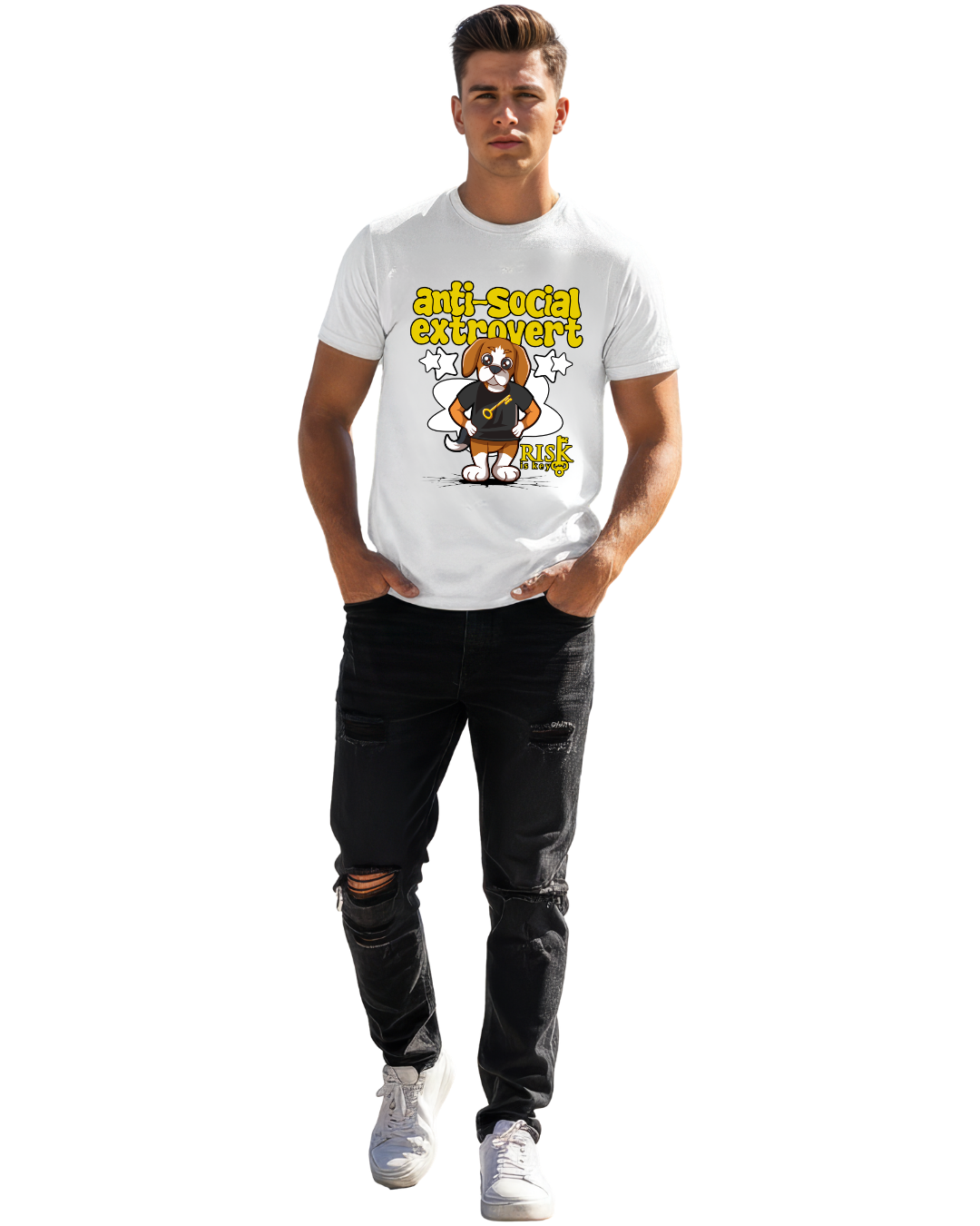 White t-shirt on model with Anti-social Extrovert and Rik the Beagle