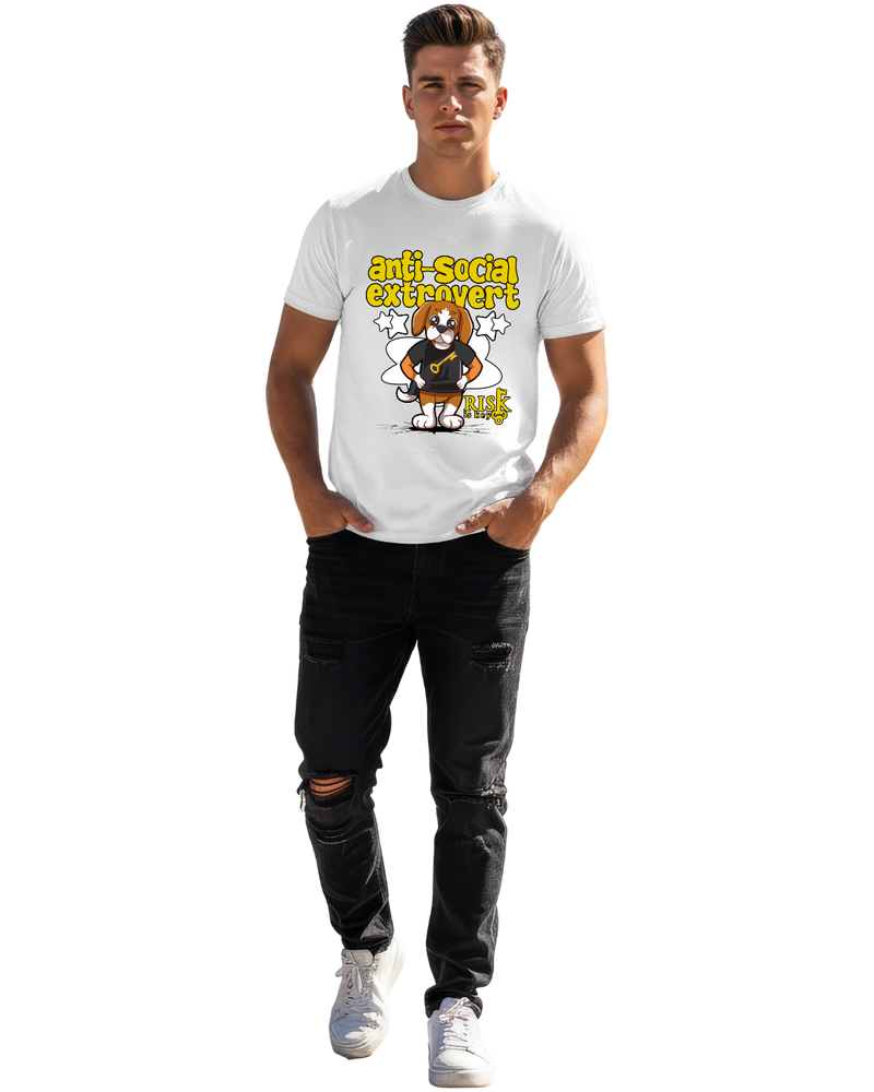 White t-shirt on model with Anti-social Extrovert and Rik the Beagle