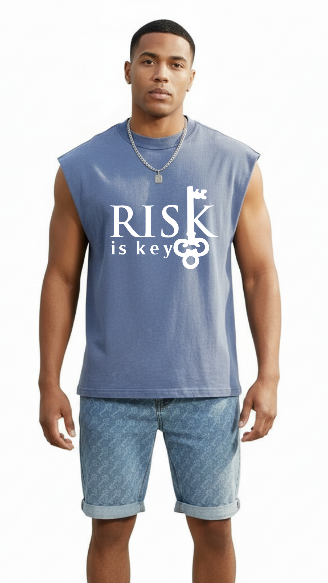 Apex Men's Vintage Washed Sleeveless Muscle Tees on model in indigo blue