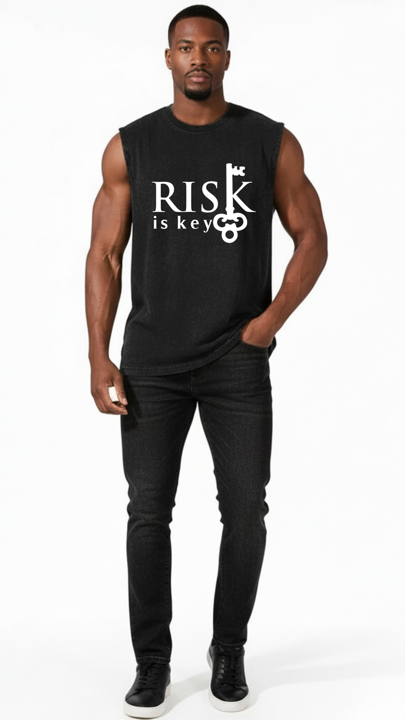 Man wearing a black sleeveless shirt with 'RISK is key' text on a white background