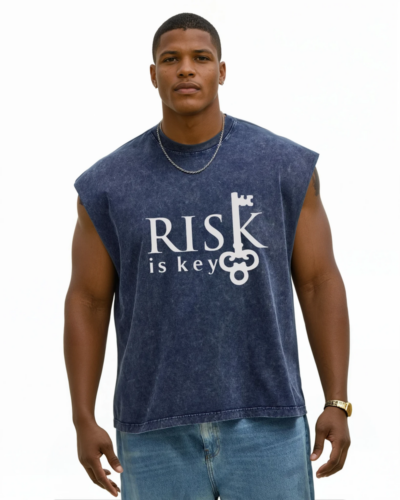 Apex Men's Vintage Washed Sleeveless Muscle Tees on model in indigo blue