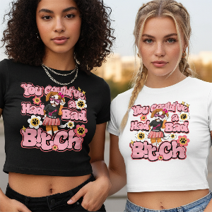Two women wearing crop tops with a graphic of RiRi the Beagle - Bad B!tch Energy