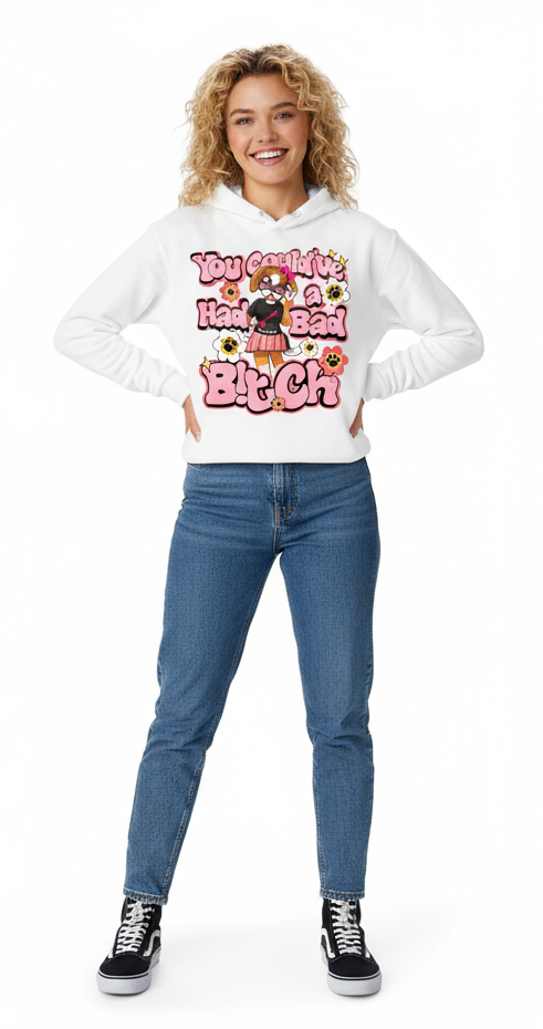 Women's aesthetic streetwear hoodie featuring RiRi the Beagle mascot and Bad Btch Energy slogan.
