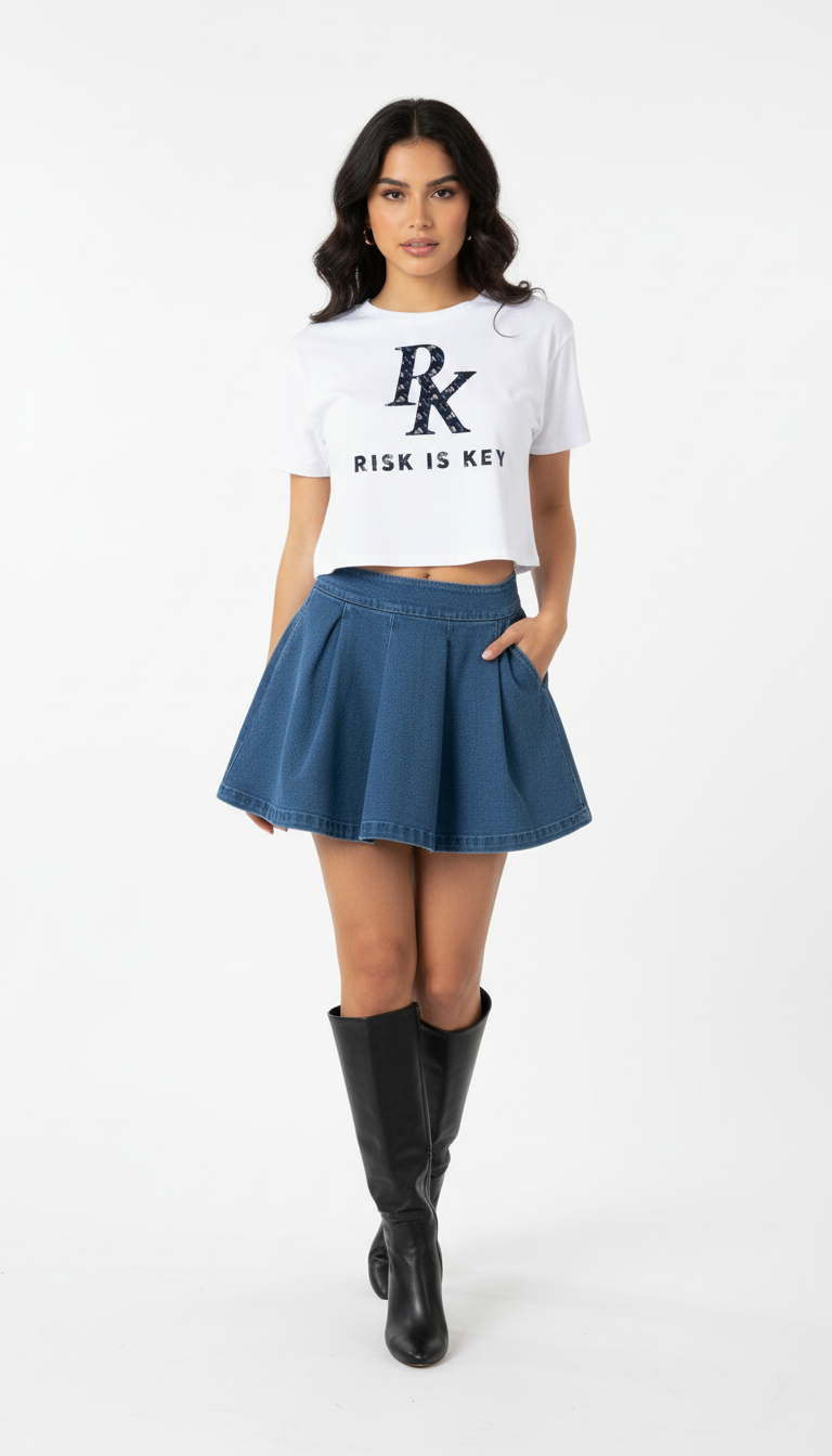 Gen Z woman wearing the Blue Hype Pleated Skort for Women – Stylish Athletic Skirt with Built-In Shortspaired with Risk is Key crop top.