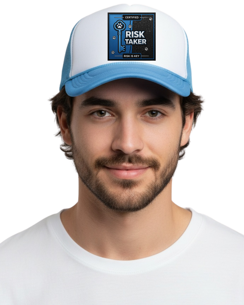 Certified Risk Takers trucker hat with curved brim, mesh back, and adjustable snapback closure.