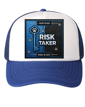 Blue and white cap with 'Certified Risk Taker' design on a white background