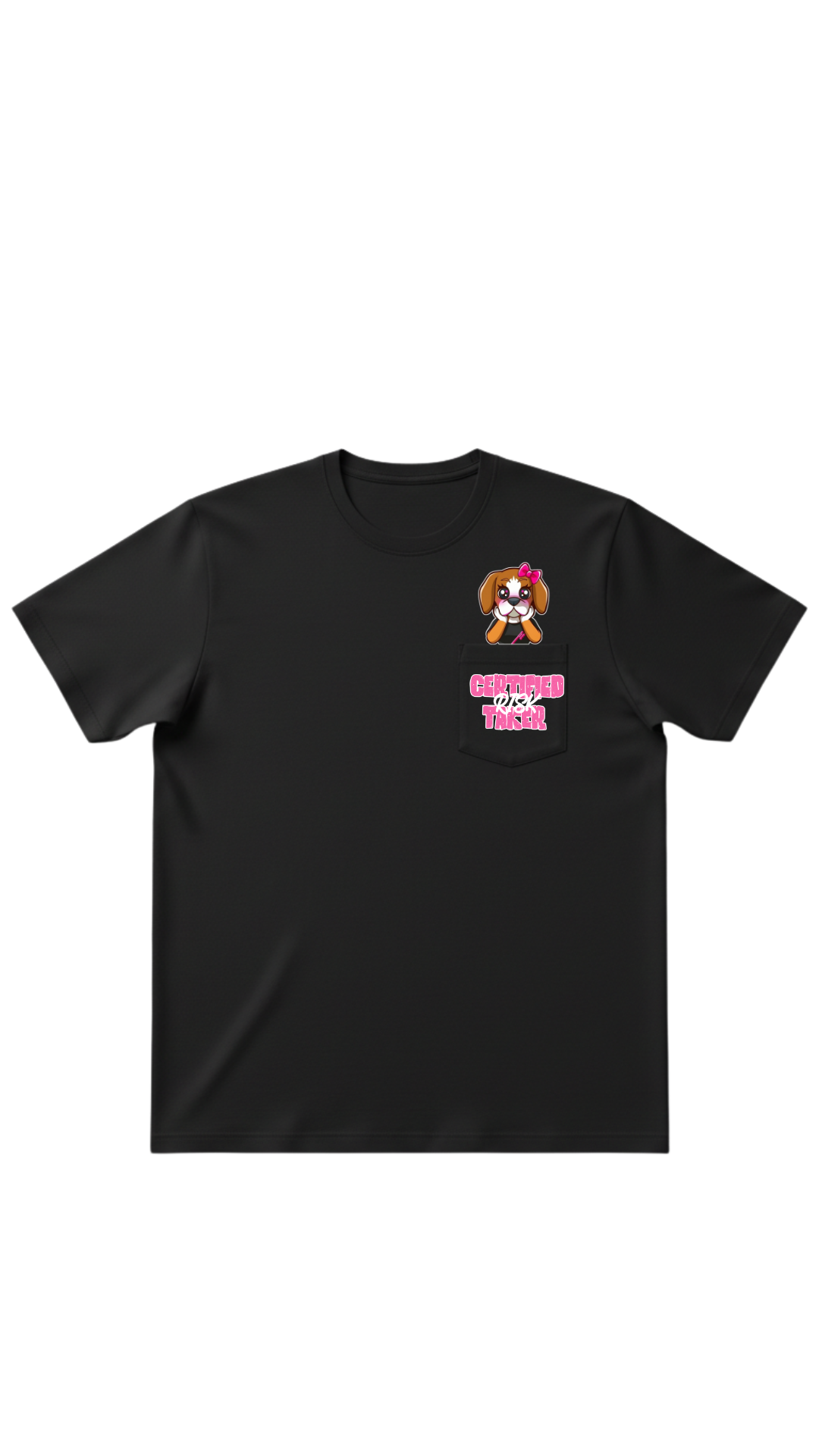 Black pocket t-shirt featuring RiRi the Beagle mascot graphic with Certified Risktaker branding.