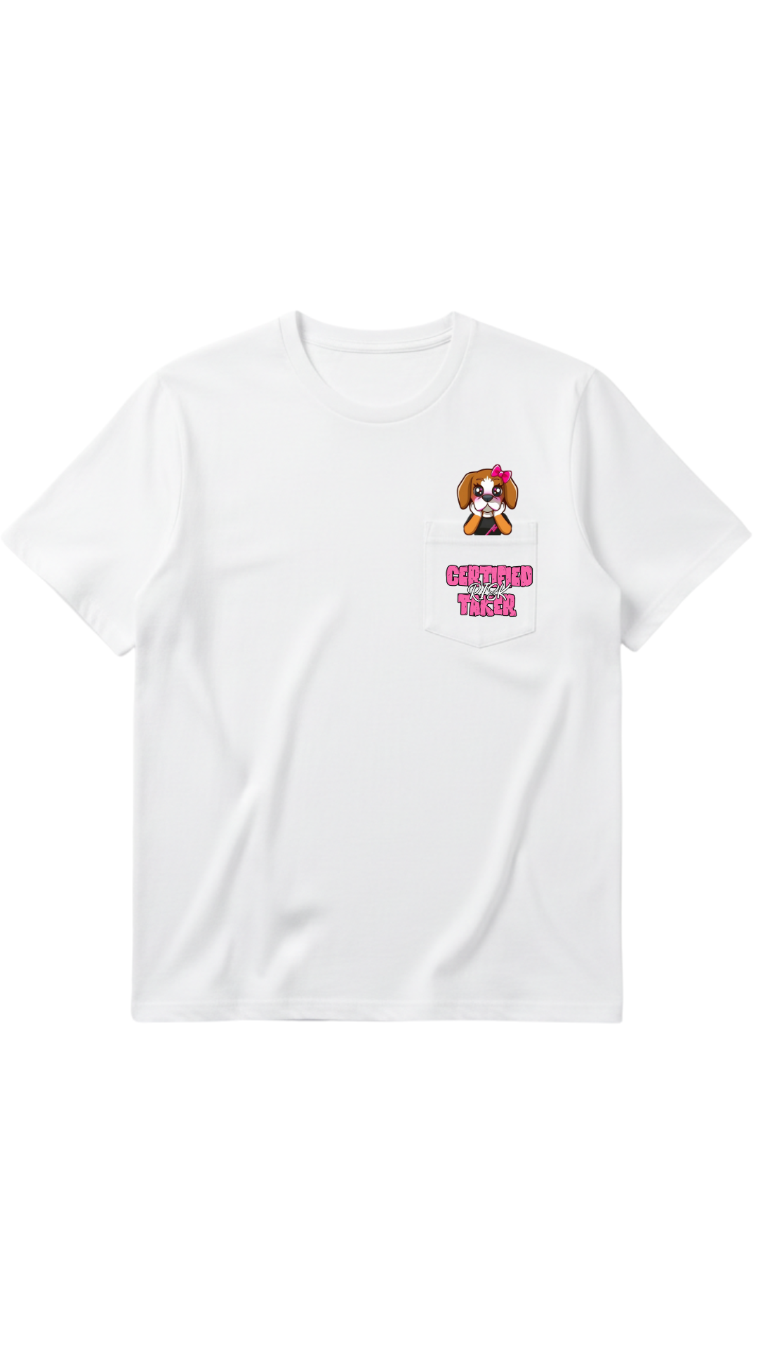 White pocket t-shirt featuring RiRi the Beagle mascot graphic with Certified Risktaker branding.