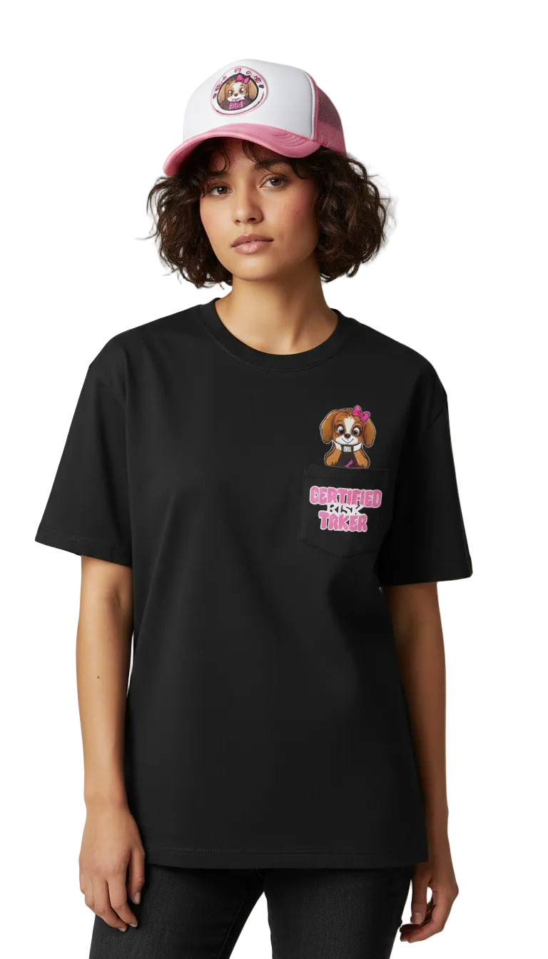 Female lifestyle shot featuring the RiRi Edition mascot tee styled for an oversized black t-shirt streetwear look.