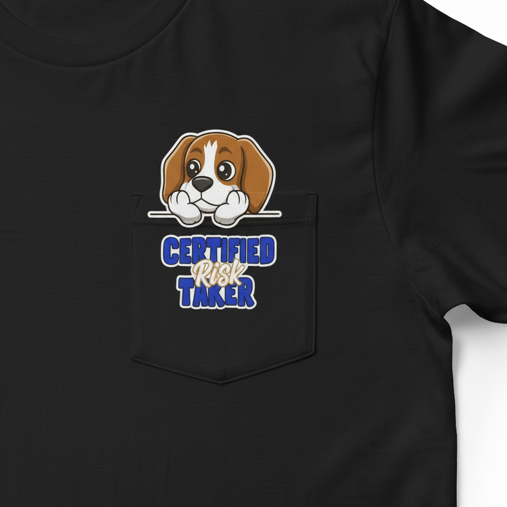 Macro shot of the "Certified Risktaker" mascot graphic and text printed on the cotton pocket of a black streetwear t-shirt.