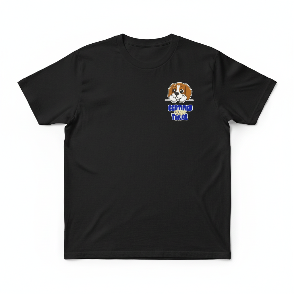 Front view of the Black Certified Risktaker Pocket Tee featuring a white mascot head graphic and "Certified Risktaker" text on the chest pocket.