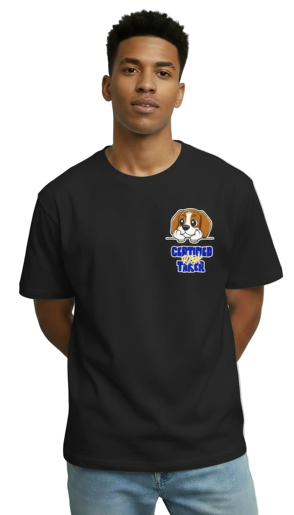 Gen Z male model wearing an oversized black Certified Risktaker pocket tee styled with baggy cargo pants in an urban street setting.