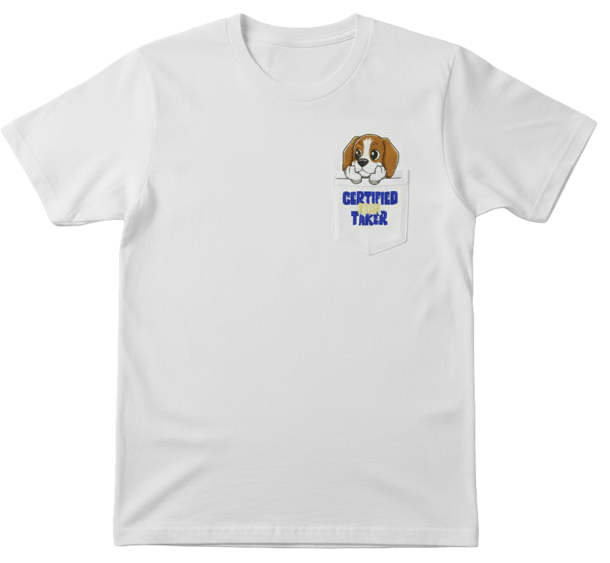 Front view of the Black Certified Risktaker Pocket Tee featuring a white mascot head graphic and "Certified Risktaker" text on the chest pocket.