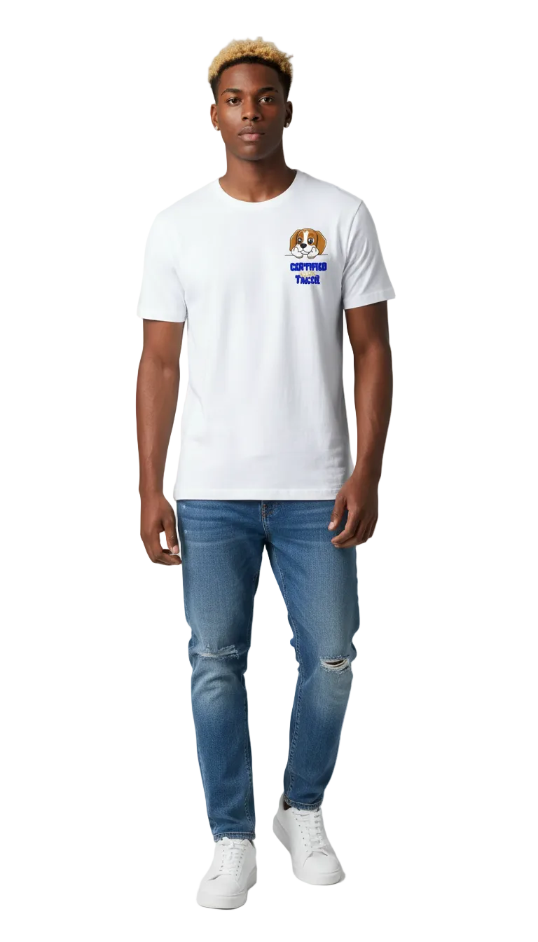 Streetwear fashion shot of a male model wearing the white Certified Risktaker mascot tee paired with layered accessories and denim.