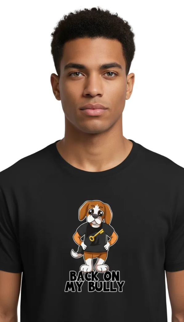 Detailed high-quality screen print of Rik the Beagle mascot Back on My Bully Slogan on a premium cotton tee.