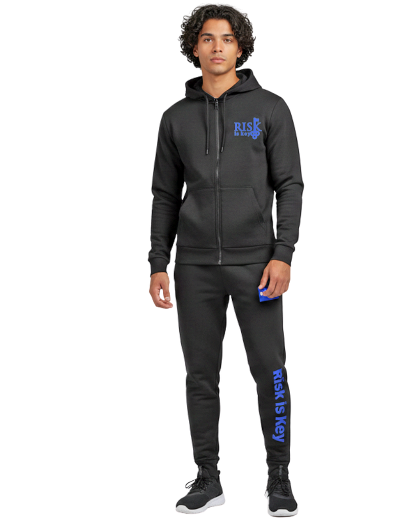 man wearing Drawstring Full-Zip Hoodie with Risk is Key Signature Logo