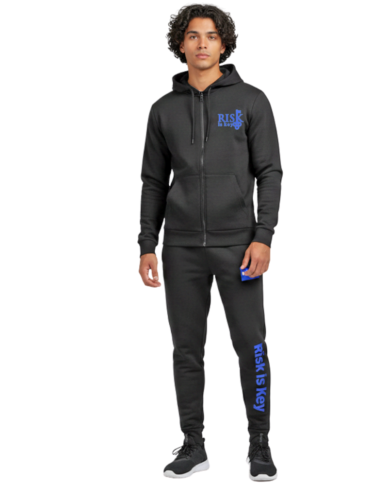 man wearing Drawstring Full-Zip Hoodie with Risk is Key Signature Logo