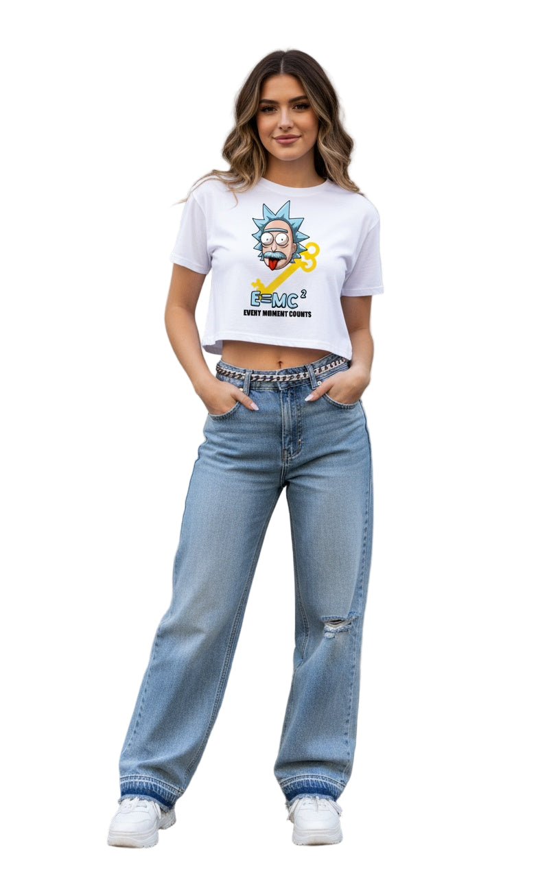 Woman wearing a white Cropped  t-shirt with Every Moment Counts E=MC Squared Collection 
