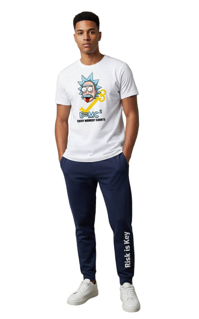 Male wearing white t-shirt with graphic Every Moment Counts E=MC2