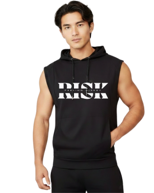 Feeling Riskey Sleeveless Kangaroo Pocket Hoodie in black on model