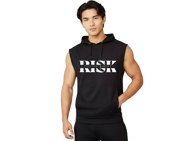 Feeling Riskey Sleeveless Kangaroo Pocket Hoodie in black on model