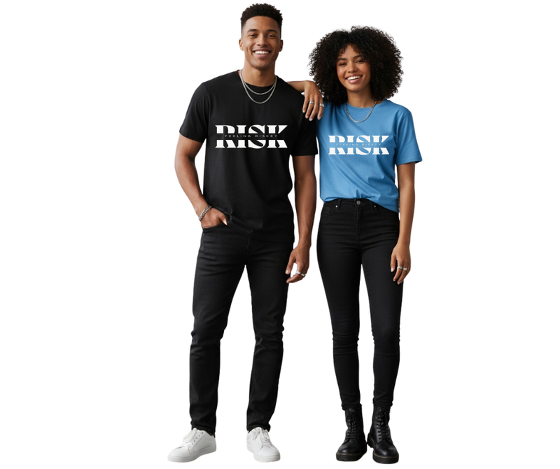 Couple wearing Feeling Riskey logo on t-shirt