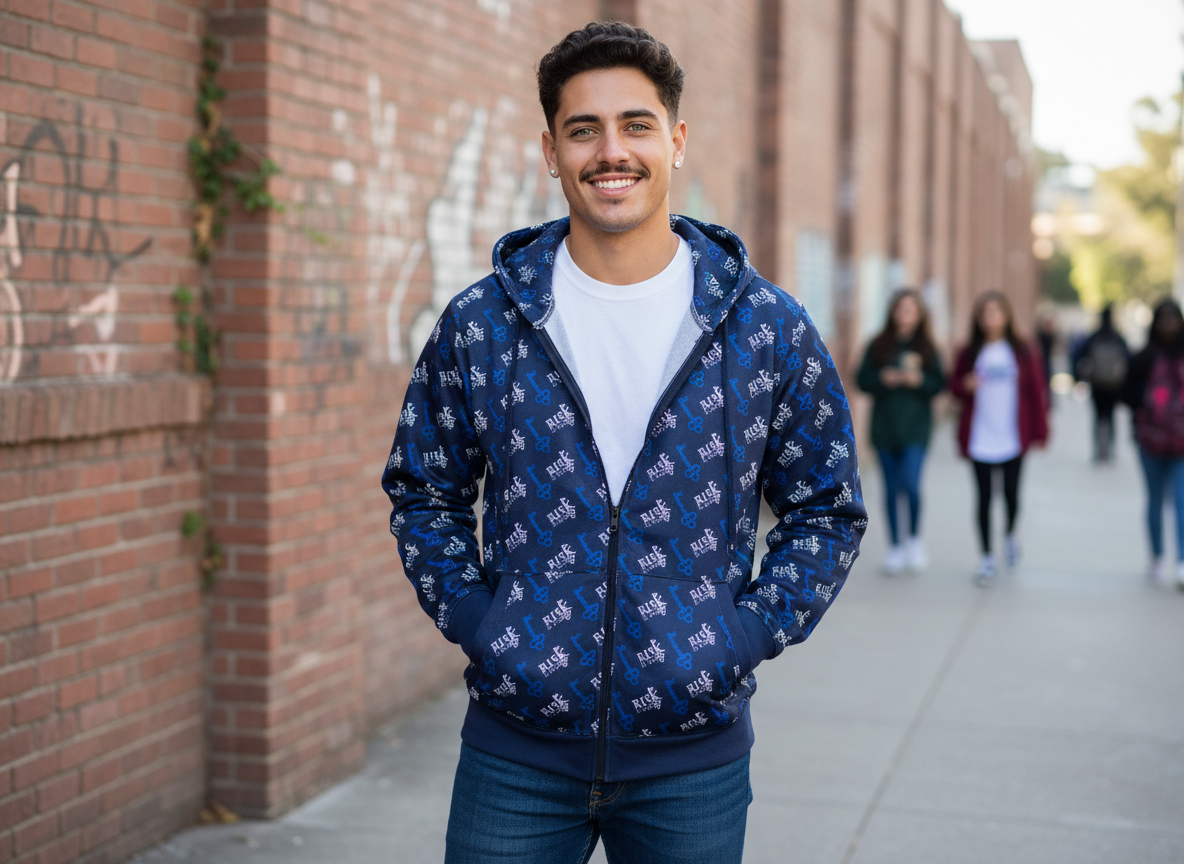 Man wearing KeyFlow Full Zip Hoodie with All all-over logo standing on a sidewalk with a brick wall and people in the background.