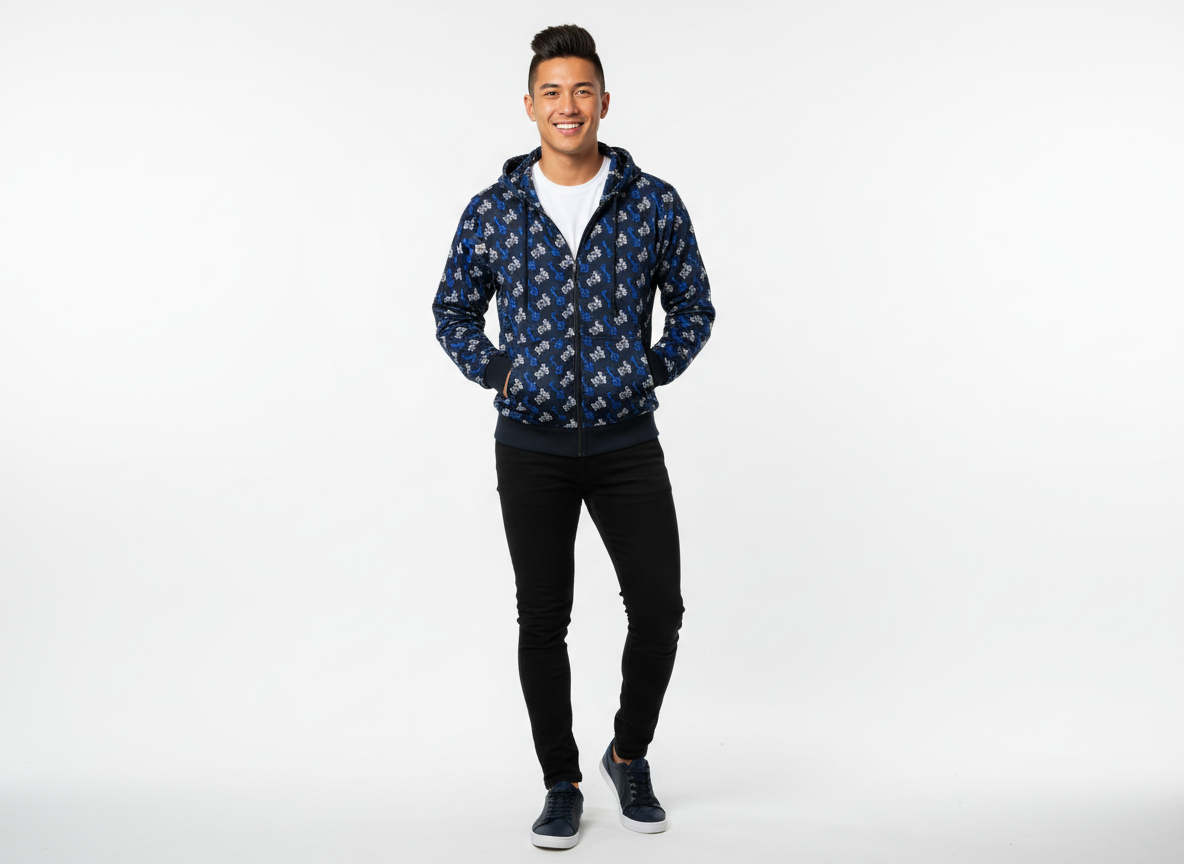 Man wearing Keyflow Full Zip Hoodie with All Over Logo - zipped view