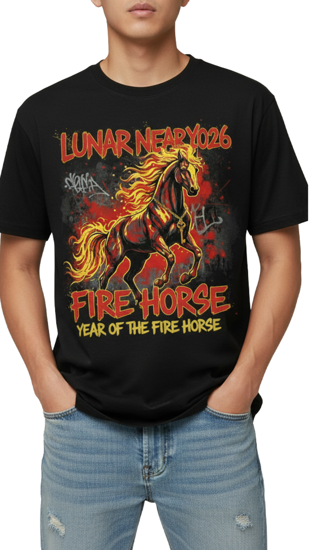 Close-up detail of the Fire Horse Energy graphic showing the vibrant mustard yellow and tangerine electric flames and intricate Longma-inspired horse design on premium cotton fabric.