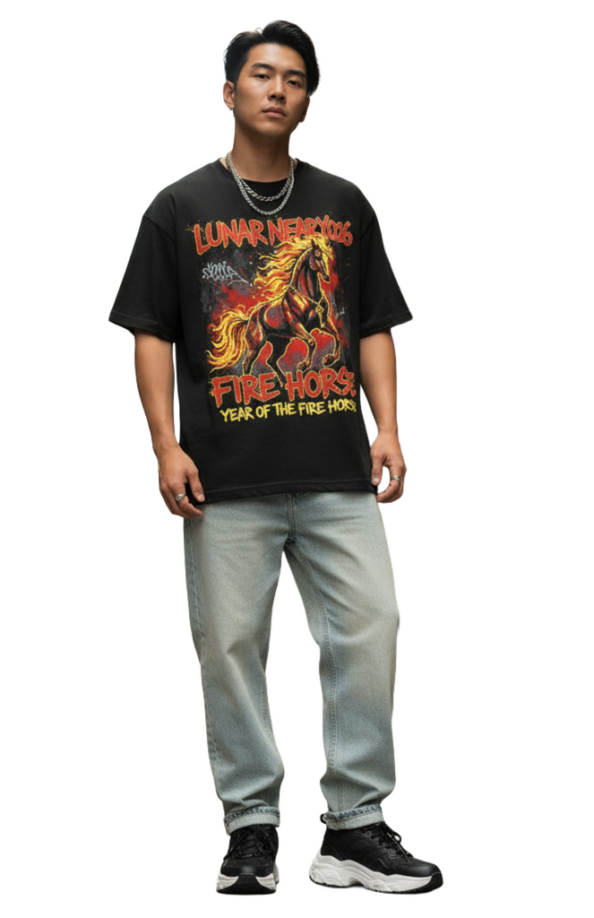 Male model wearing the Risk is Key Lunar Takeover Fire Horse Energy t-shirt in black, styled with black jeans in an urban street setting for the 2026 Year of the Fire Horse.