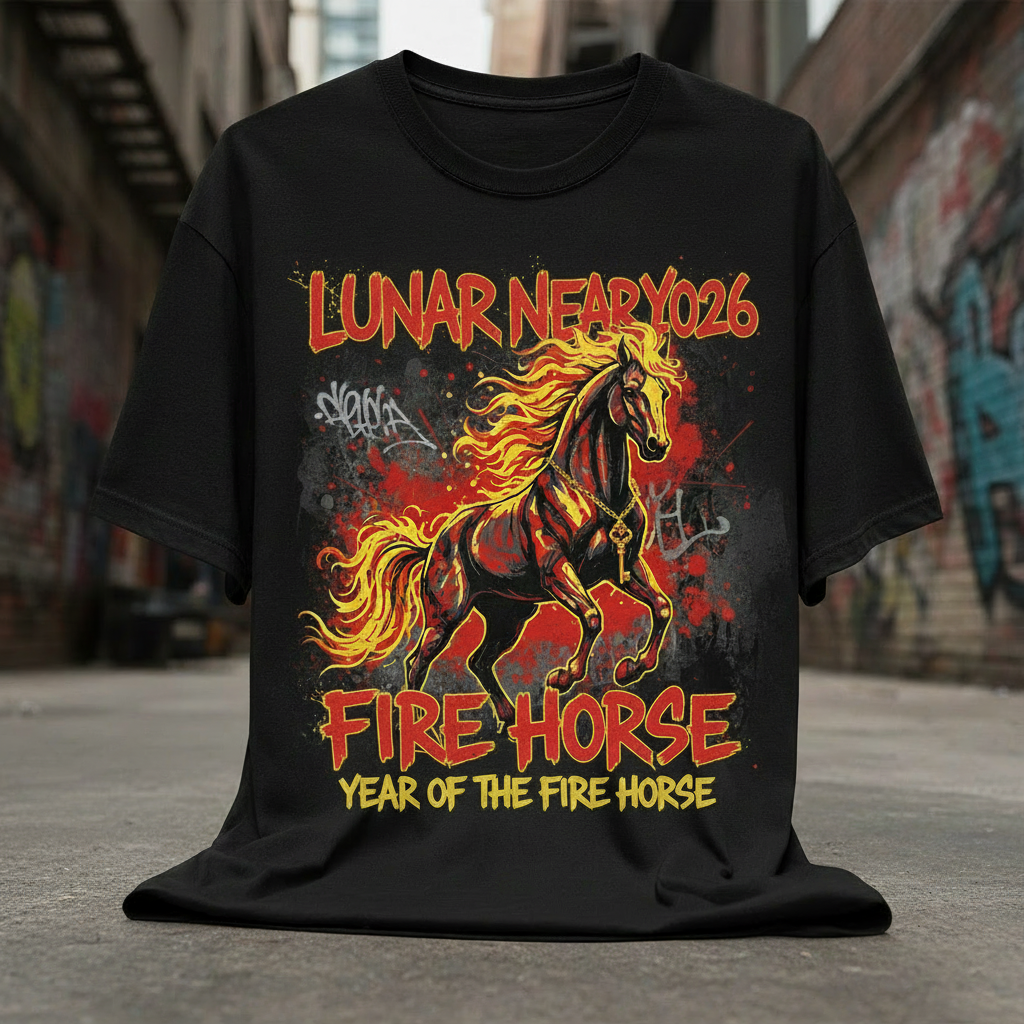 Front view mockup of the Lunar Takeover: Fire Horse Energy graphic t-shirt on a black tee, displaying the bold circular crest and "Double Fire" 2026 lunar cycle branding.