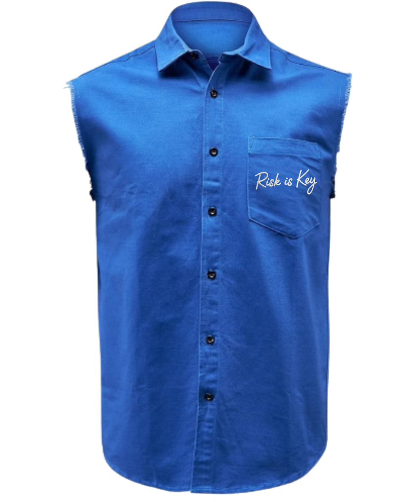 Maverick Sleeveless Denim Shirt for Men – Western Cowboy Cutoff Jeans Vest Style Top Blue / Small