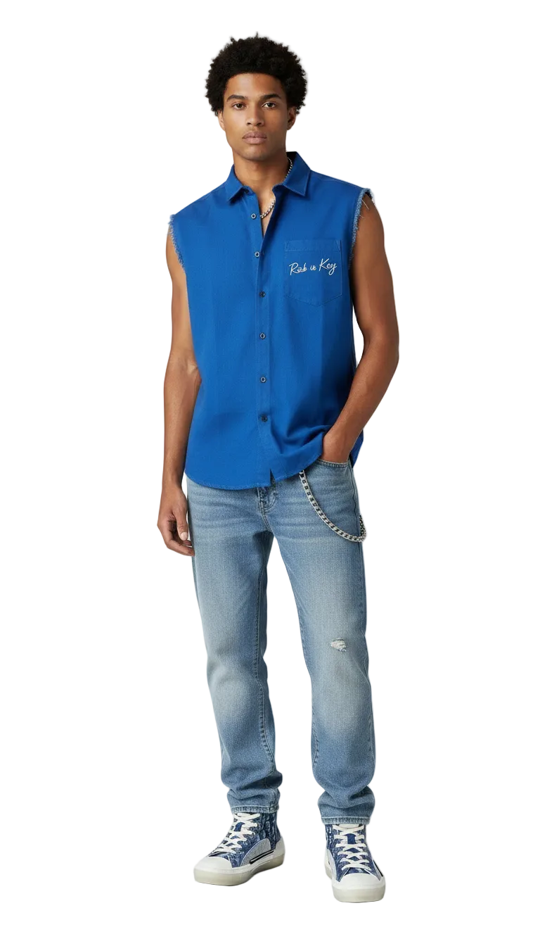 Maverick Sleeveless Denim Shirt in Blue on model