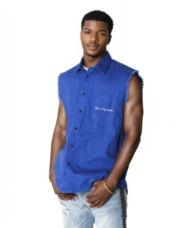 Maverick Sleeveless Denim Shirt in Blue on model