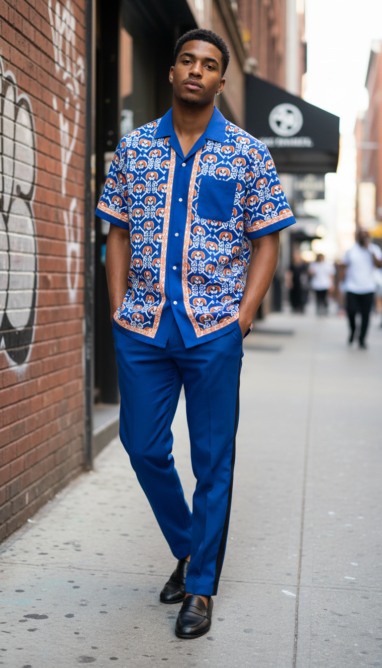 Men’s beagle print camp shirt styled with dress slacks, demonstrating a sophisticated take on the Risk is Key "Pawsitive Vibes" streetwear collection.