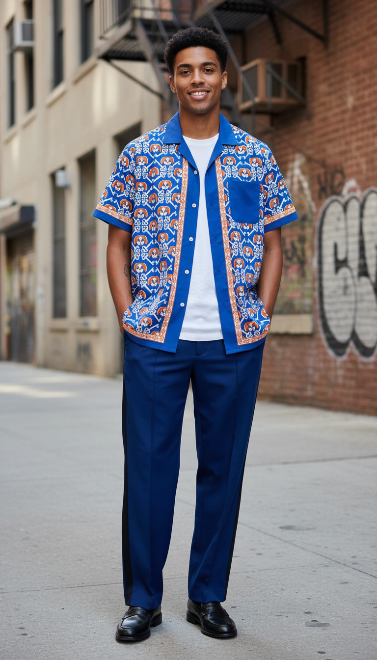 Men's unbuttoned Rik’s Pawsitive Vibes beagle print shirt layered over a plain tee, showcasing a relaxed summer lifestyle aesthetic.