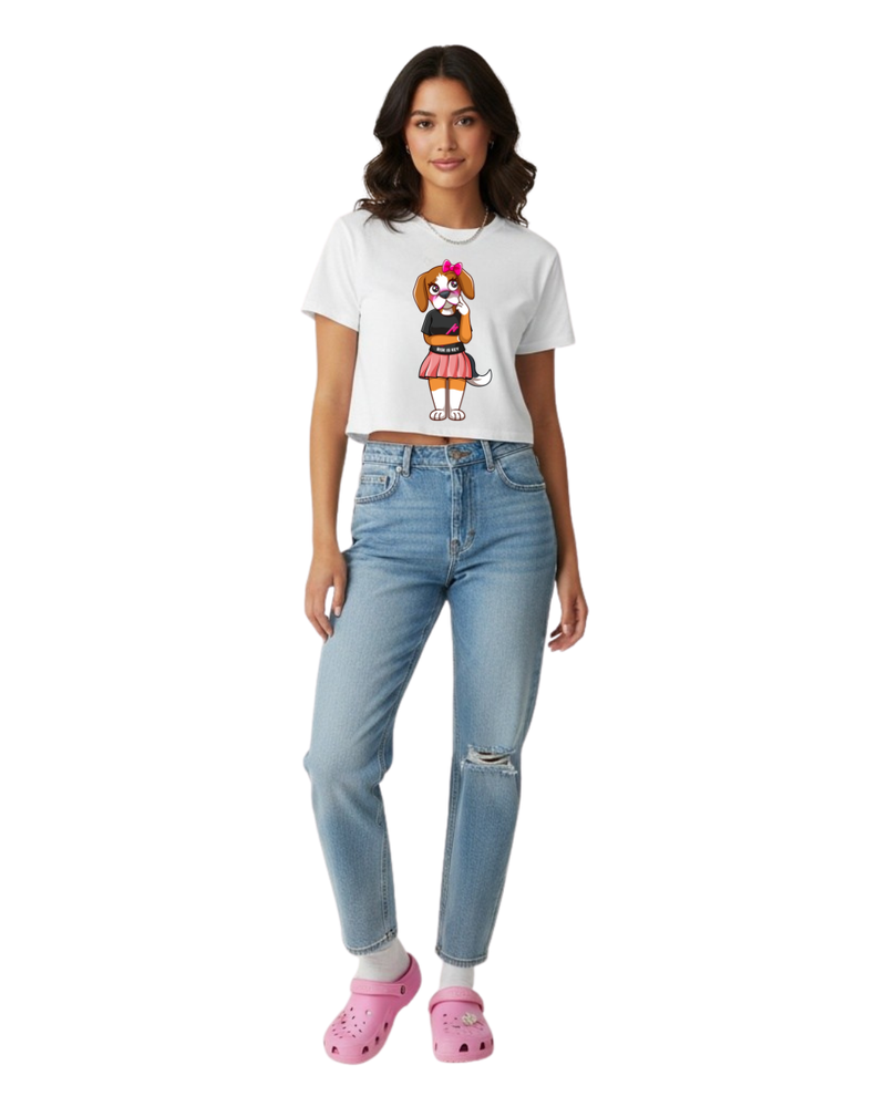 RiRi the Beagle Mascot - Women's white Crop Top on model 