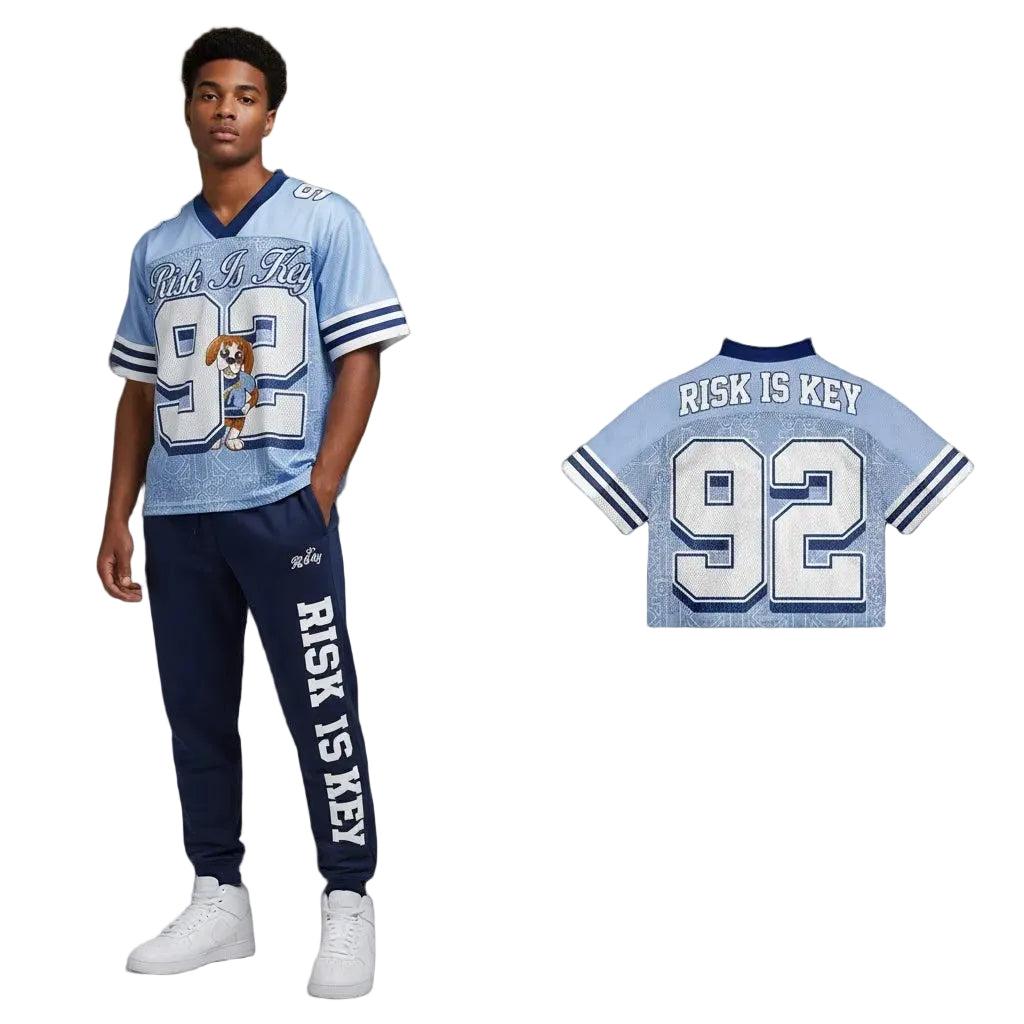 Split view of Rik the Beagle jersey in blue and white showing premium stitching and athletic silhouette on model and close up of back.