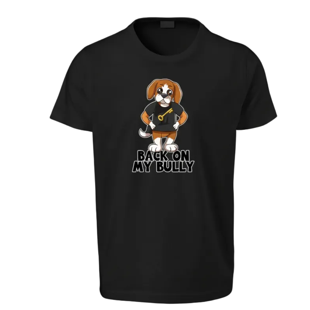 Unisex black streetwear t-shirt with Rik the Beagle mascot and B.O.M.B. Back On My Bully slogan.