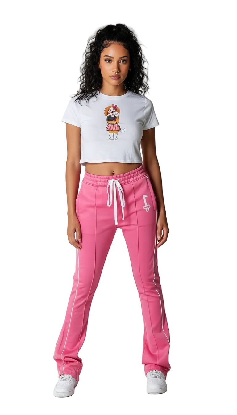 Risk-Taker Stacks unisex stacked joggers in black, blue, and pink featuring a comfortable drawstring waist and bold streetwear silhouette for men and women.